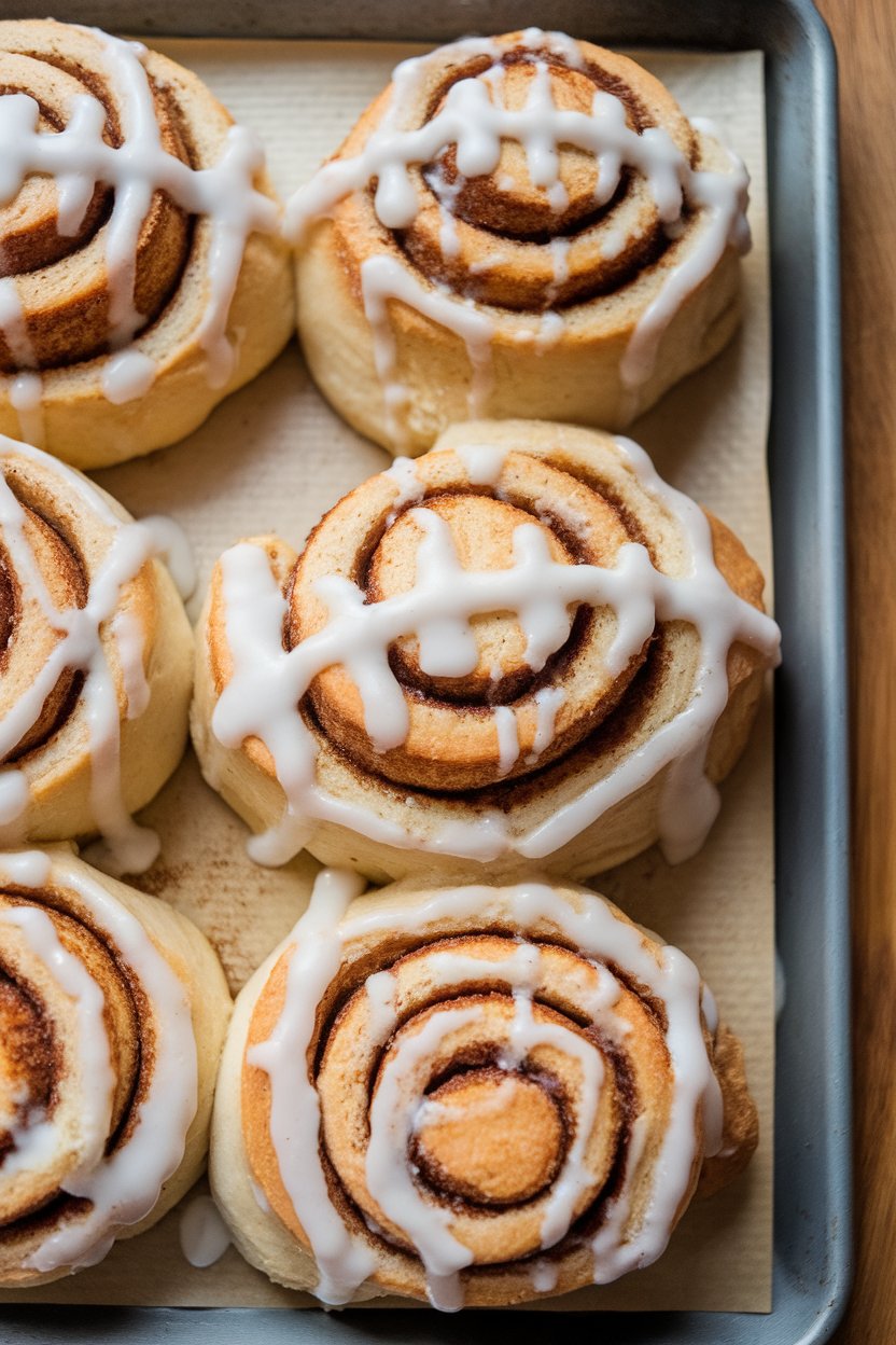 Warm indoor photo of cinnamon rolls shaped like footballs, drizzled with white icing laces, on a baking sheet. No text or logos.