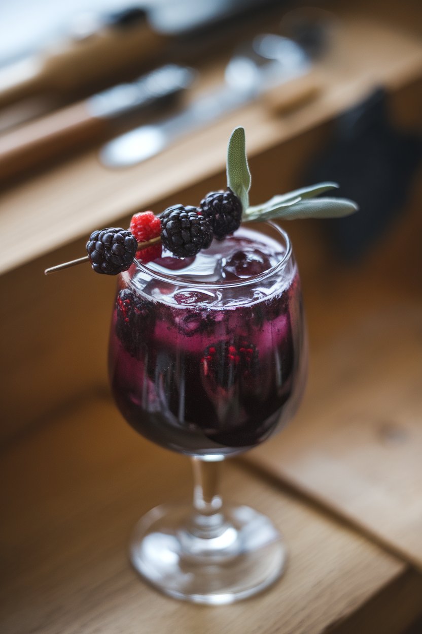 Indoor scene with a Collins glass of deep purple drink, fresh blackberries on a pick, sage leaf floating. No text or logos.