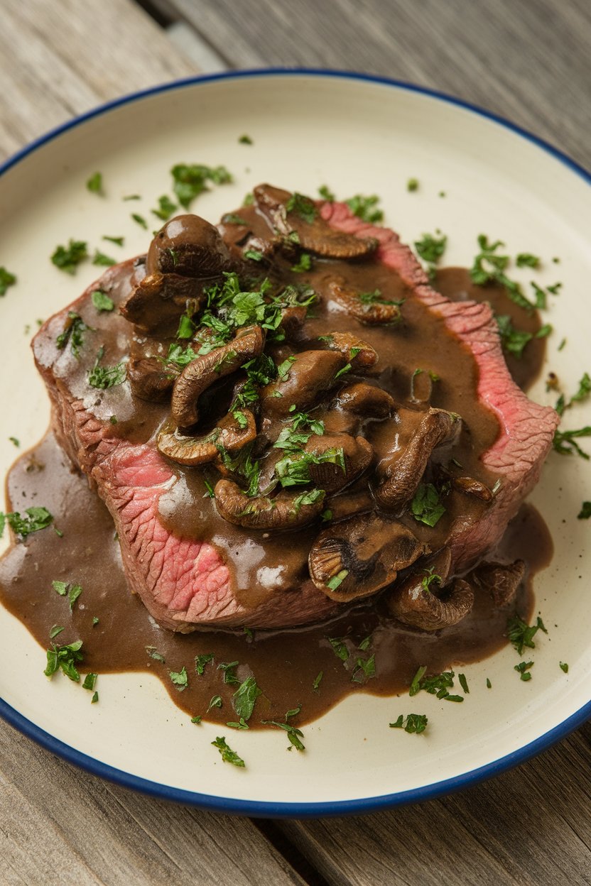 Indoor plate of beef topped with dark porcini mushroom gravy, scattered chopped parsley. No logos or text.
