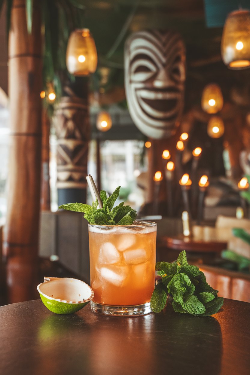 Indoor tiki lounge with double-old-fashioned glass of amber Mai Tai, spent-lime shell and mint bouquet, no text or logos, photo