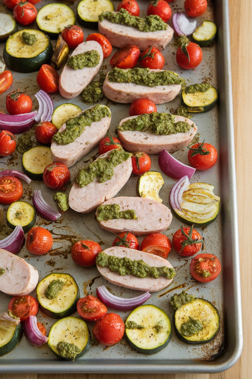 Indoor photo of sliced chicken sausage and assorted veggies—such as zucchini, red onion, and cherry tomatoes—coated in green pesto on a sheet pan. No text or logos.