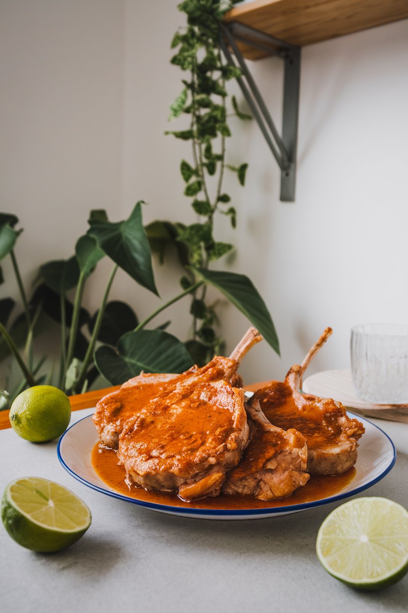 Indoor table featuring pork chops glazed in bright chili-lime sauce, lime halves nearby, no text or logos.