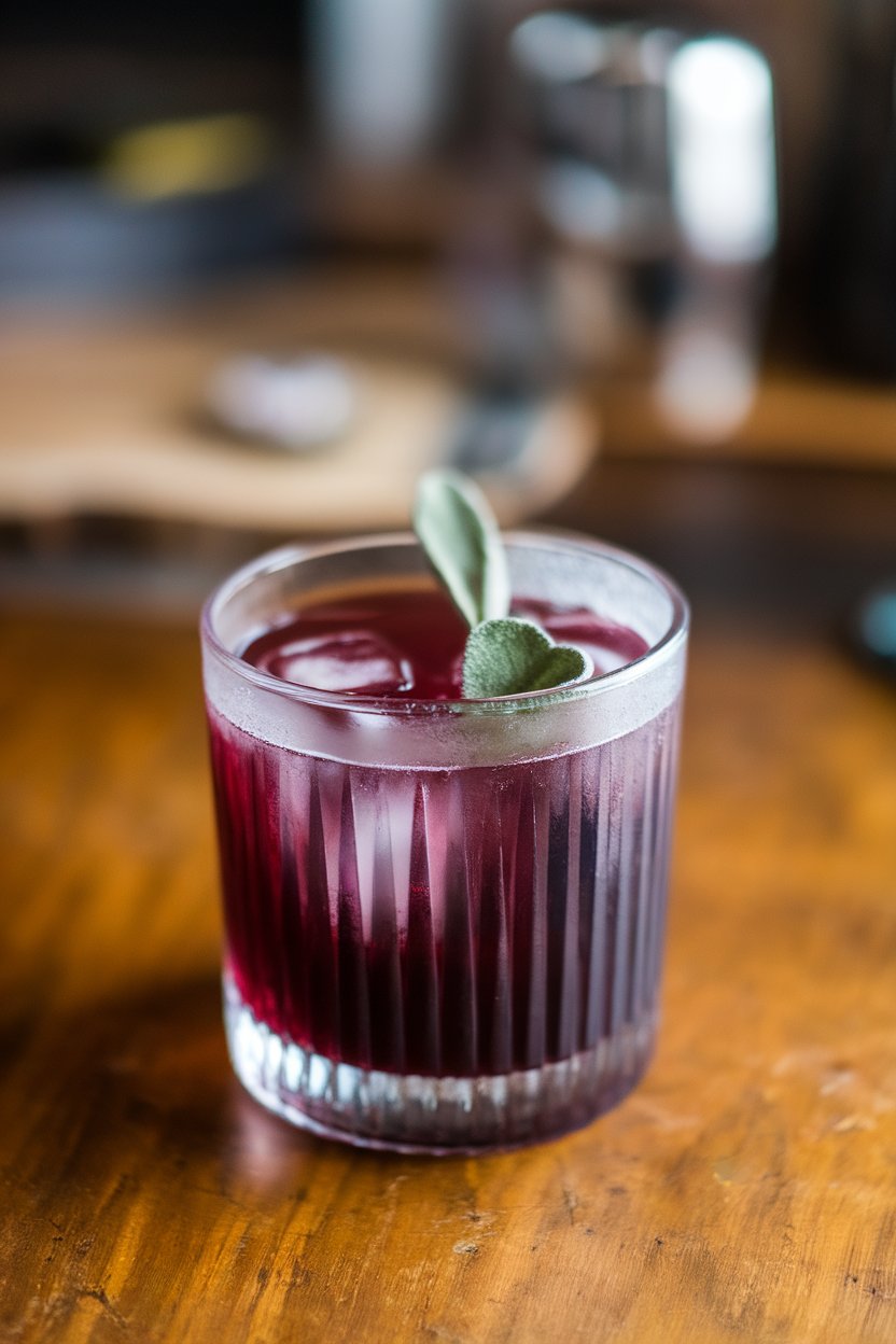 Indoor tabletop photo of a rocks glass with deep purple drink, frosted glass, and a small sage leaf floating; no logos or text.