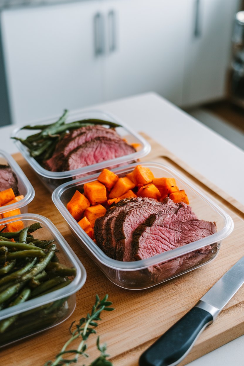 Photo of meal-prep containers featuring sliced roast beef, roasted sweet potato cubes, and sautéed green beans, indoor countertop. No text or logos.