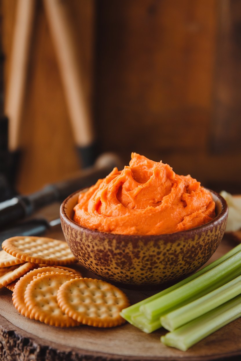 Indoor photo of a rustic bowl of orange pimento cheese spread with crackers and celery sticks alongside. No text or logos.