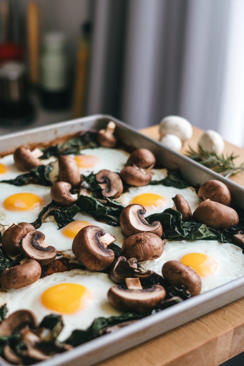 An indoor photo of a sheet pan covered with sautéed mushrooms, wilted spinach, and dollops of melted goat cheese among set eggs. No text or logos.