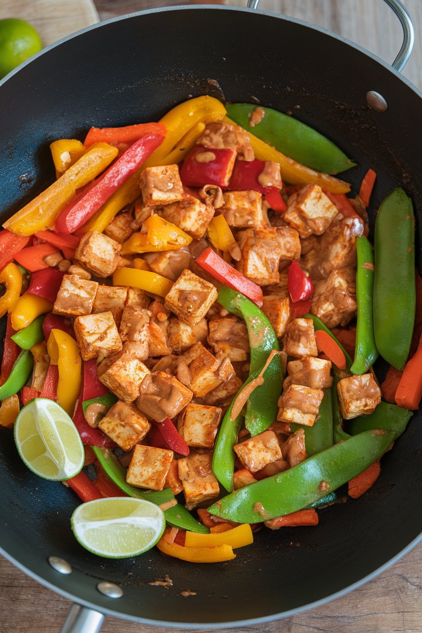 Indoor photo of a wok containing cubed tempeh, bell peppers, snap peas, and carrots coated in a light spicy peanut sauce, lime wedges near edge. No text or logos.