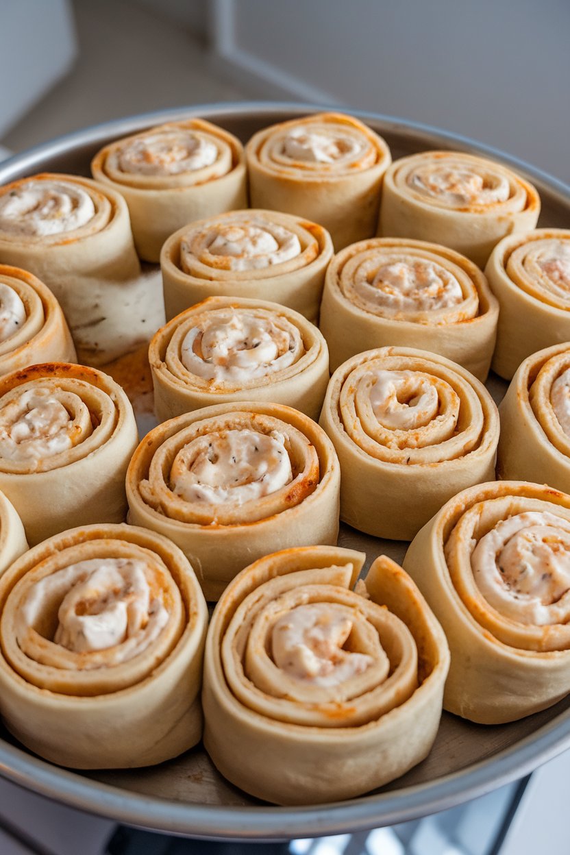 Indoor photo of spiral pizza rolls stuffed with creamy Alfredo chicken filling on a serving tray; no text or logos.