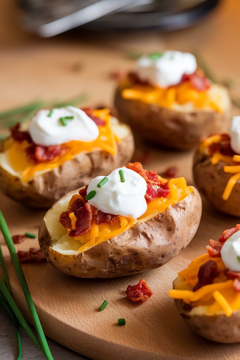 Indoor photo of hollowed potato halves topped with melted cheddar, crumbled bacon, and a dollop of sour cream, chives scattered around. Warm light, no text or logos.