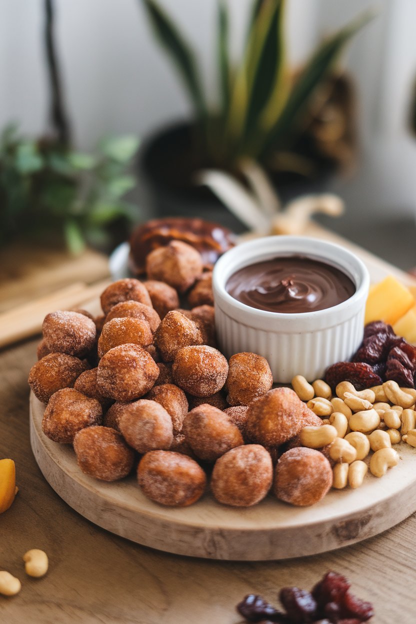 An indoor snack board holding bite-size pretzel nuggets coated in cinnamon sugar, with a ramekin of warm chocolate sauce. Photo, no text or logos.