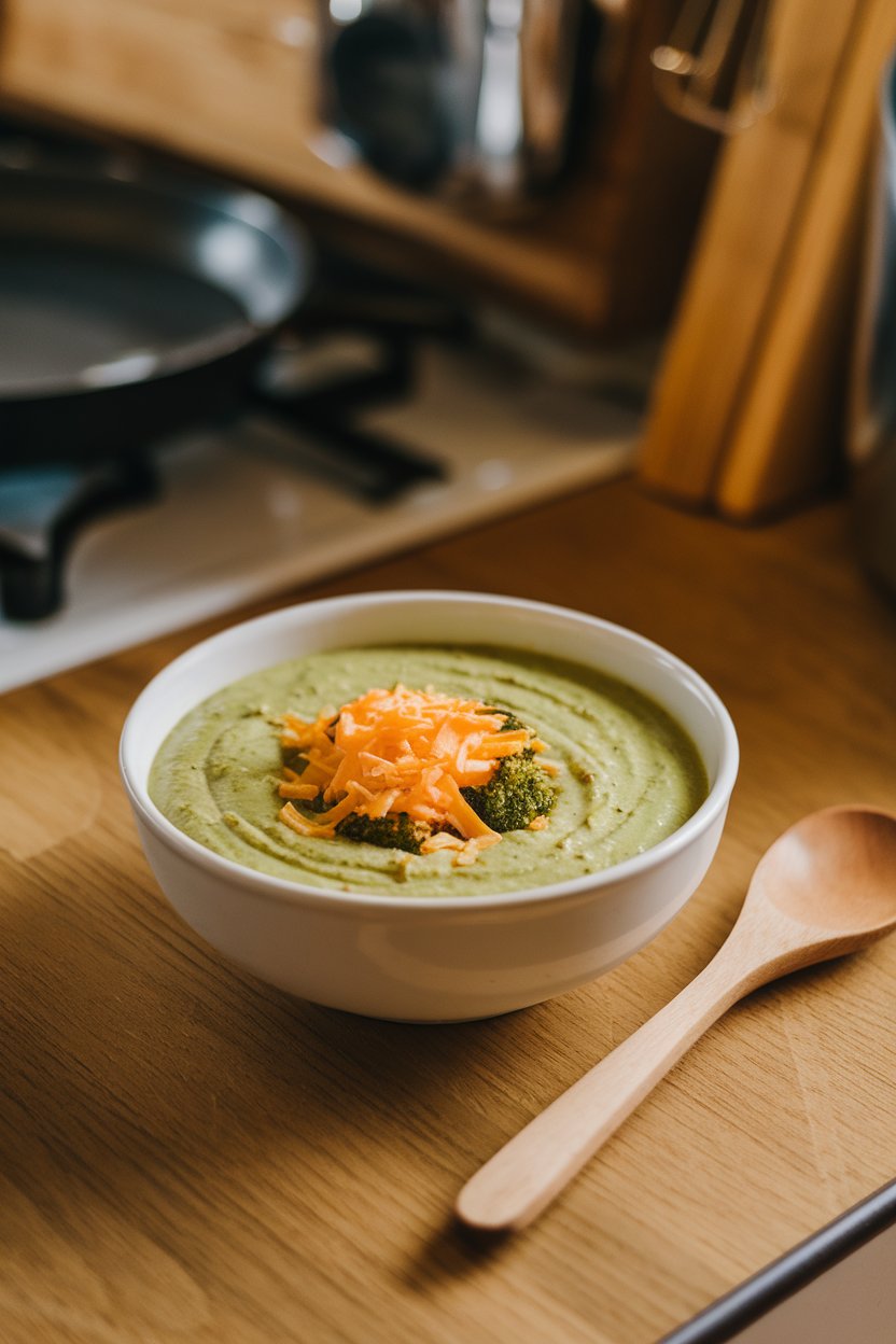 Indoor kitchen counter with a creamy green broccoli cheddar soup topped with extra cheese shreds. No text or logos. Photo.
