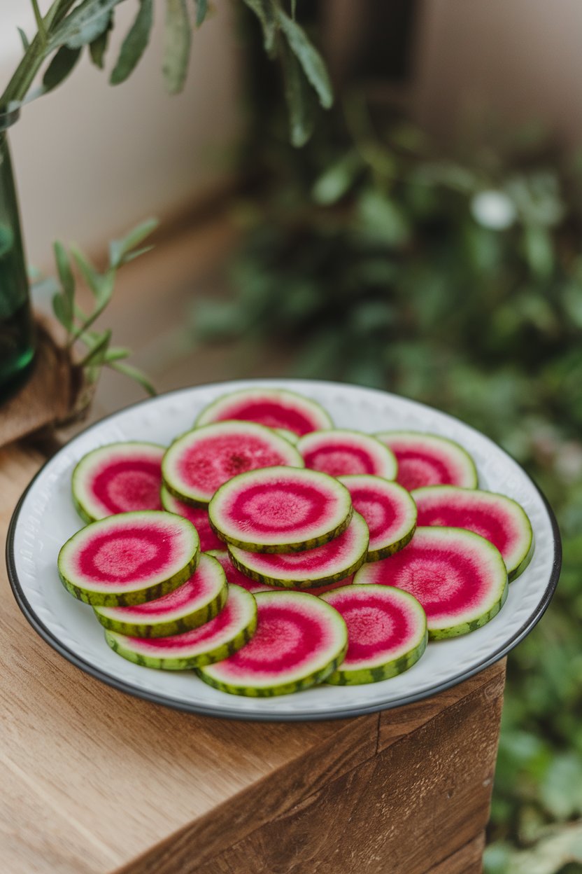 Indoor plate with thin watermelon radish rounds displaying vivid pink centers and green rims. Photo, no text or logos.