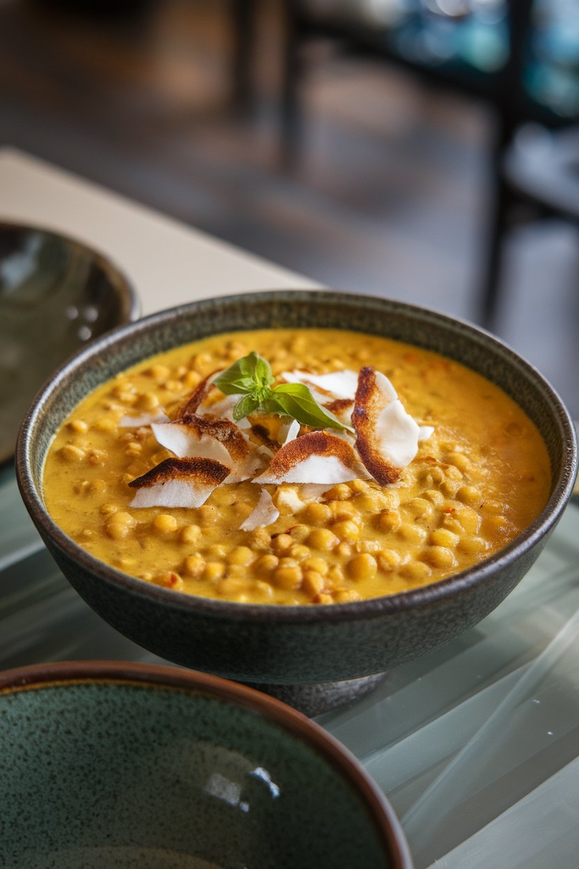 An indoor dining table view of a deep bowl filled with creamy yellow lentil curry, garnished with toasted coconut flakes and fresh basil. No text or logos visible.