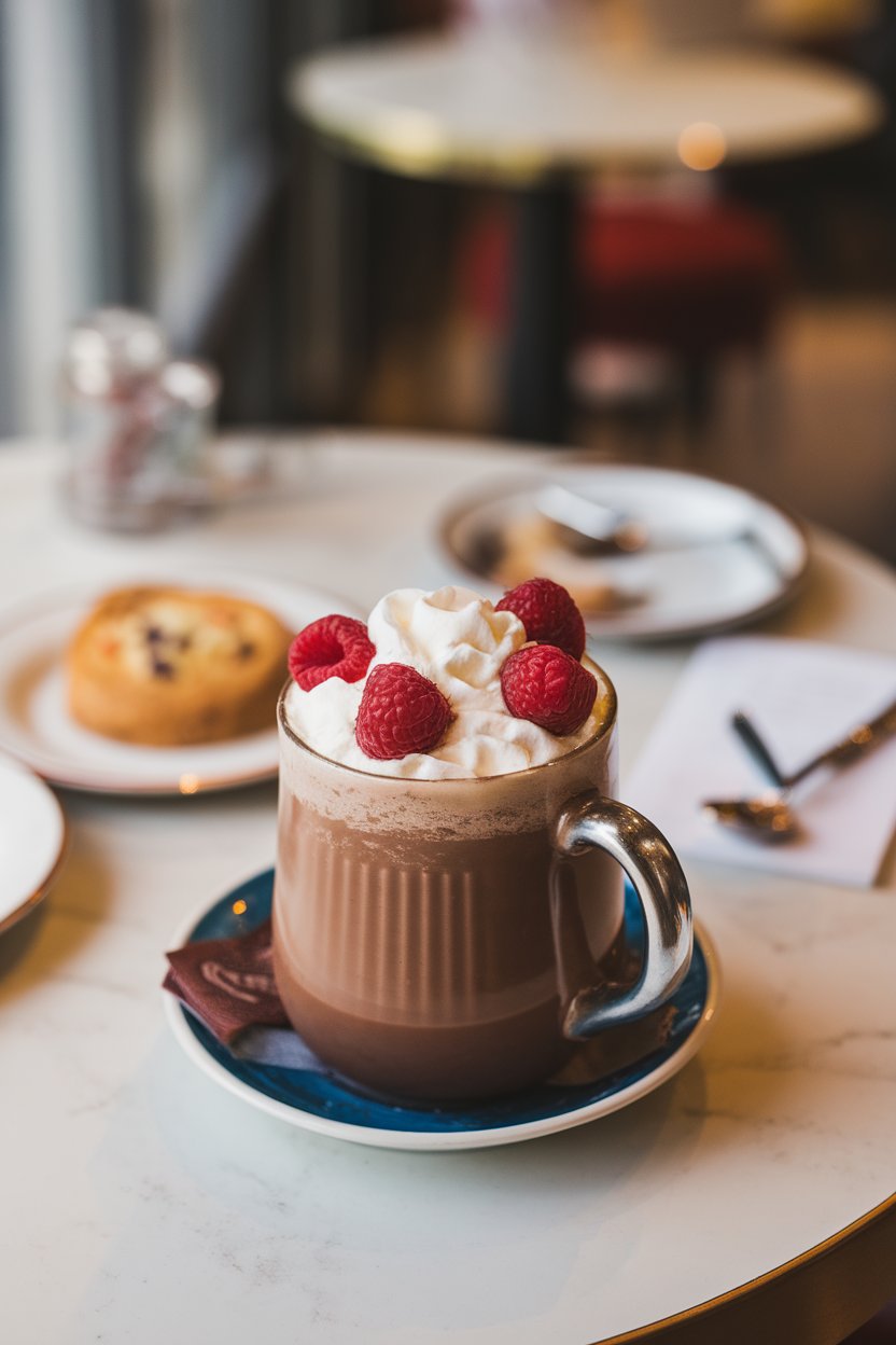 An indoor cafe table with wide mug of rich hot chocolate topped with whipped cream and fresh raspberries; photo, not illustration; no text or logos.