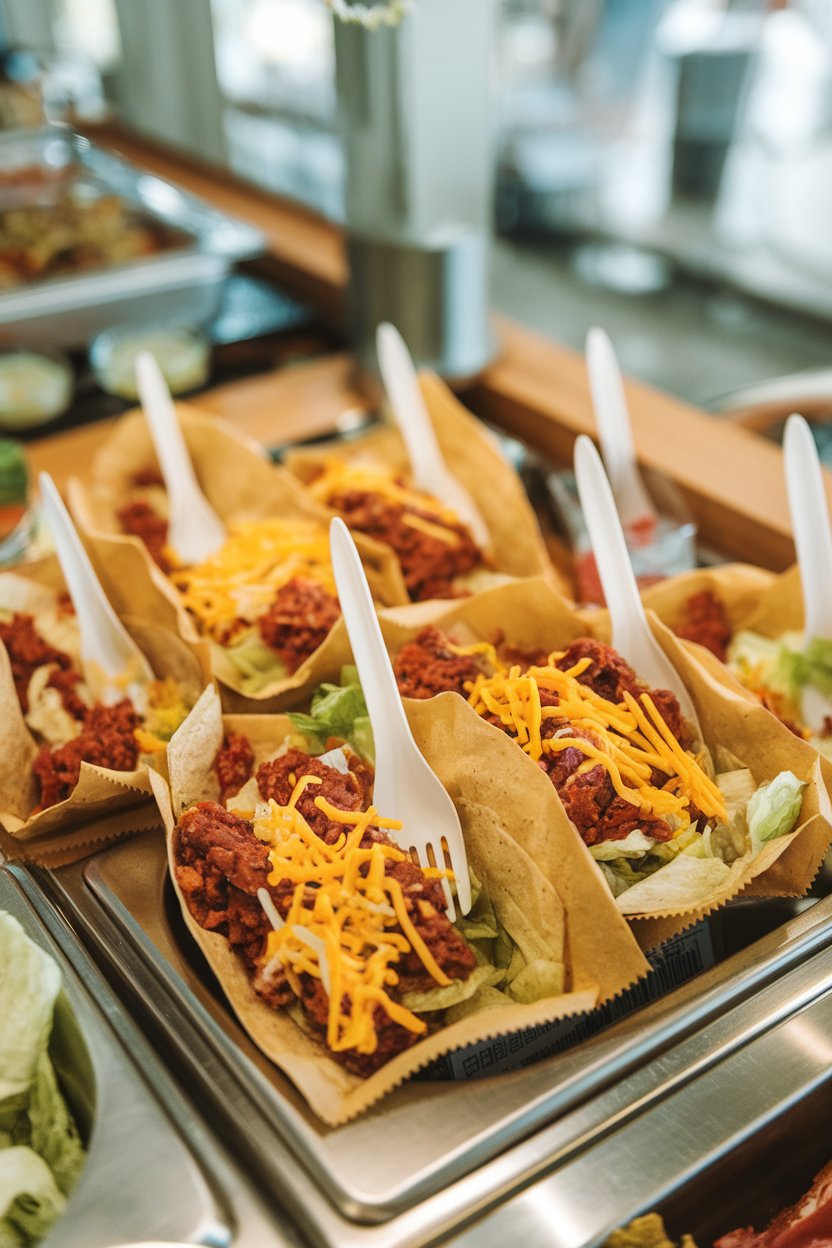 An indoor buffet with open single-serve chip bags filled with taco meat, cheese, and lettuce, plastic forks tucked in—no text or logos. Photo, not illustration.