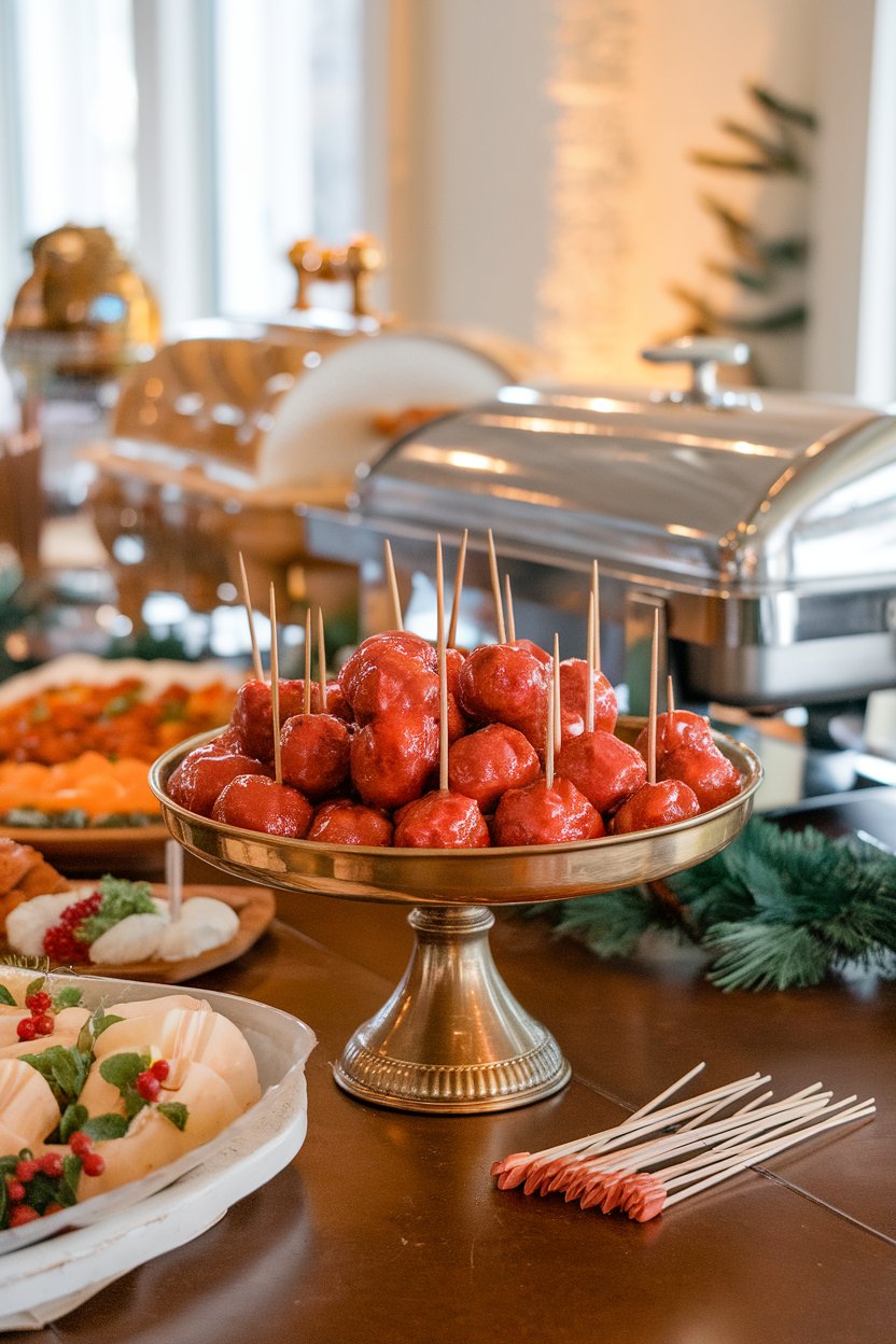An indoor holiday buffet with glazed cranberry-orange meatballs in a serving dish, toothpicks nearby. No logos or text. Photo.