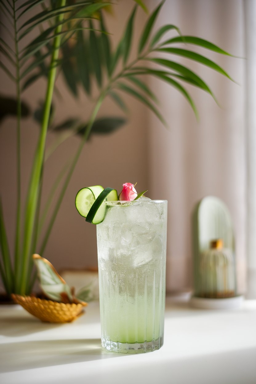 An indoor spa-like setting with tall glass of icy clear-green drink, cucumber ribbon, tiny edible rose bud; photo, not illustration; no text or logos.
