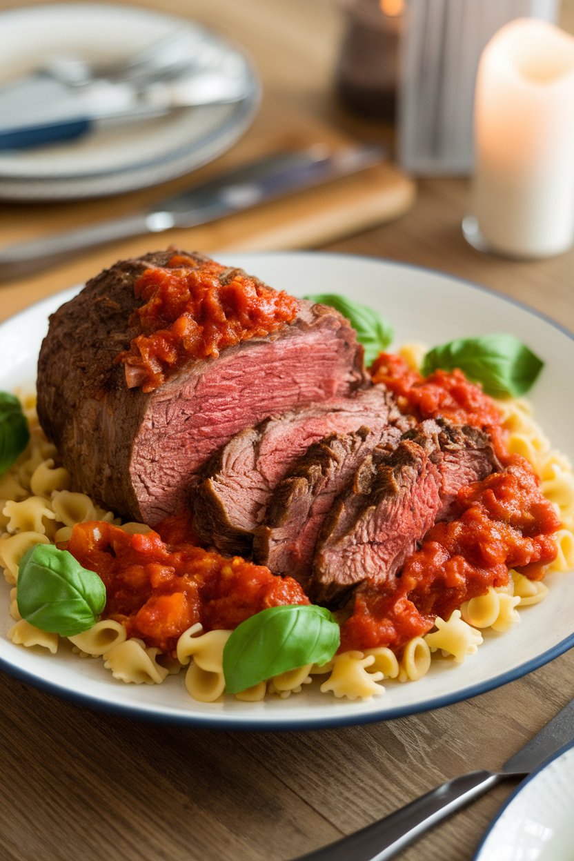 Indoor dining table featuring pot roast slices bathed in chunky tomato sauce with basil leaves on top, served alongside pasta. No logos or text.
