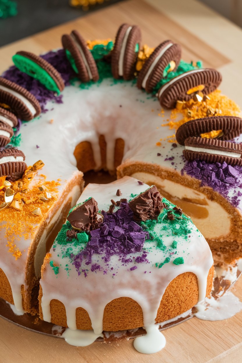 Indoor photo of a king cake topped with crushed chocolate sandwich cookies over white glaze; no text or logos.