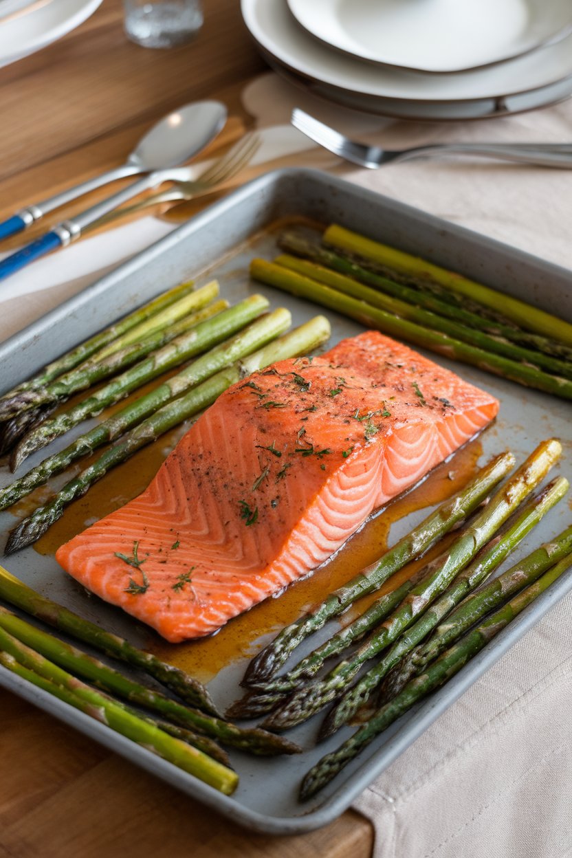 Indoor dinner setting with a baking sheet of cooked salmon fillet glazed in maple-Dijon sauce, surrounded by roasted asparagus spears. No text or logos present.