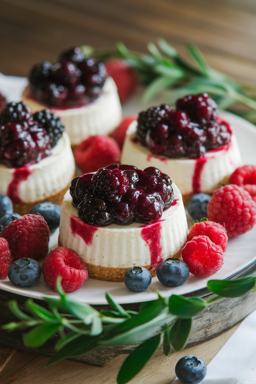 Indoor dessert tray holding individual mini cheesecakes topped with berry compote, no text or logos. Photo only.
