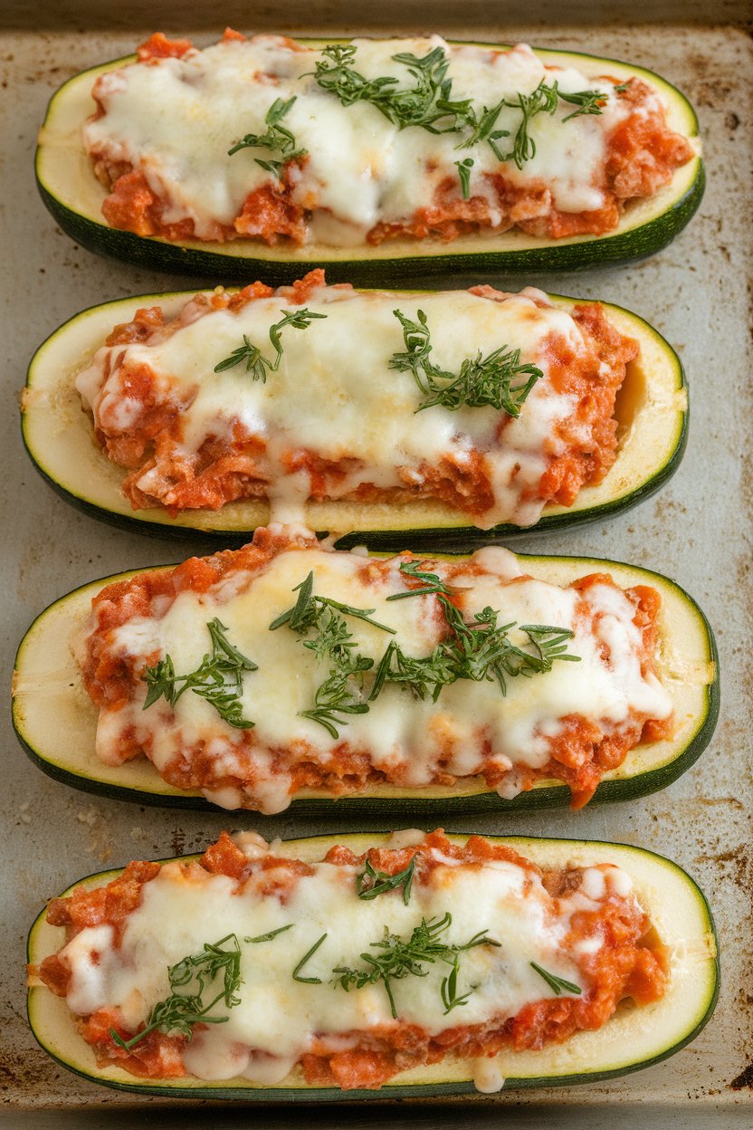 Indoor oven tray featuring halved zucchini filled with tomato-basil turkey mixture, topped with a light cheese melt. No logos or text anywhere.