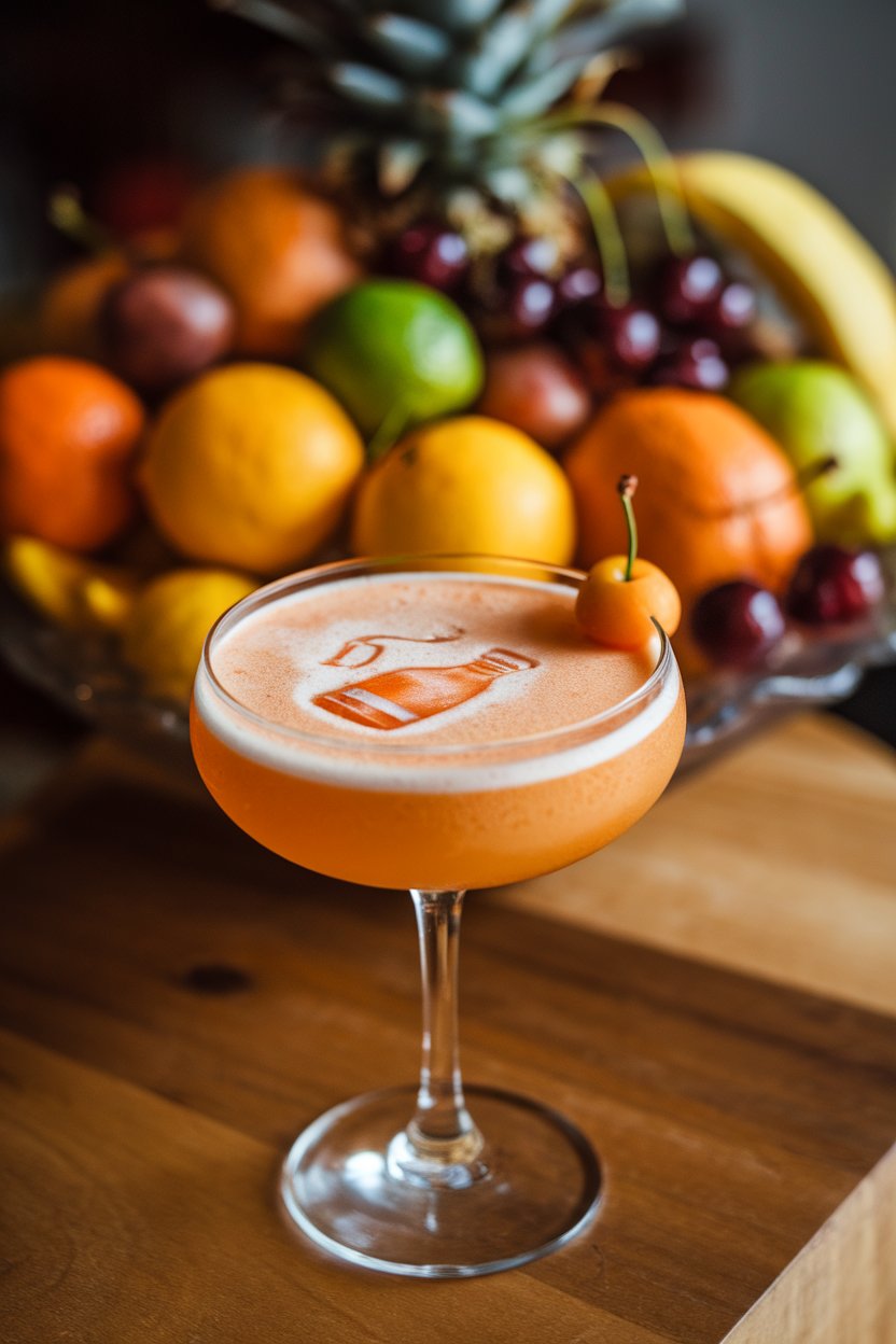 Photo of a coupe indoors with light orange frothy cocktail, bitters design on foam, exotic fruit bowl in background, no text or logos
