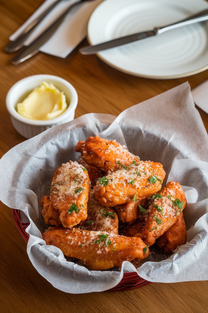 A wooden table indoors with a parchment-lined basket of golden baked wings sprinkled heavily with grated Parmesan and flecks of parsley. A small bowl of garlic butter sits nearby, no text or logos anywhere.