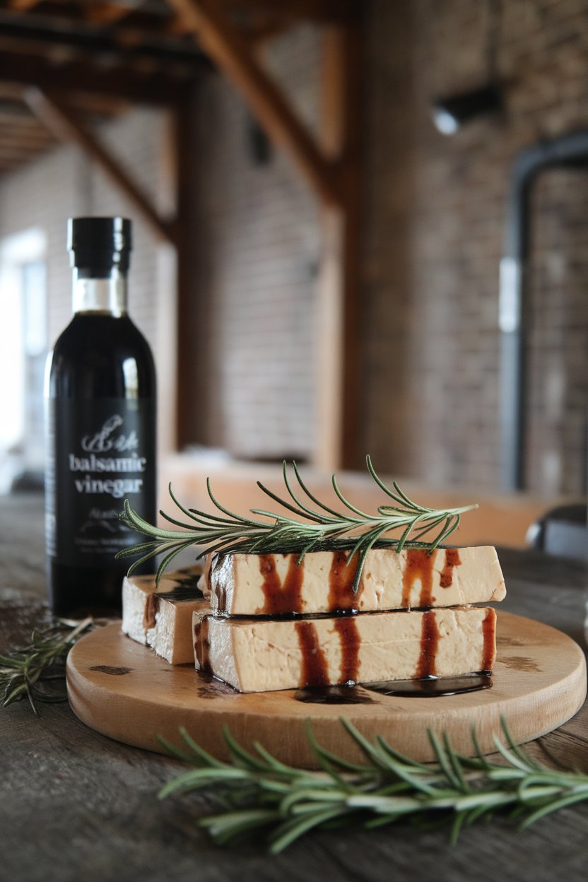 Photo prompt: Rustic indoor table showing tofu steaks marinated in dark balsamic vinegar with rosemary sprigs on top. No text or logos.