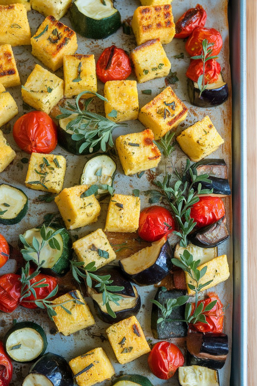 Indoor photo of cubed baked polenta tossed with herbs, roasted zucchini, tomatoes, and eggplant on a sheet pan; no logos