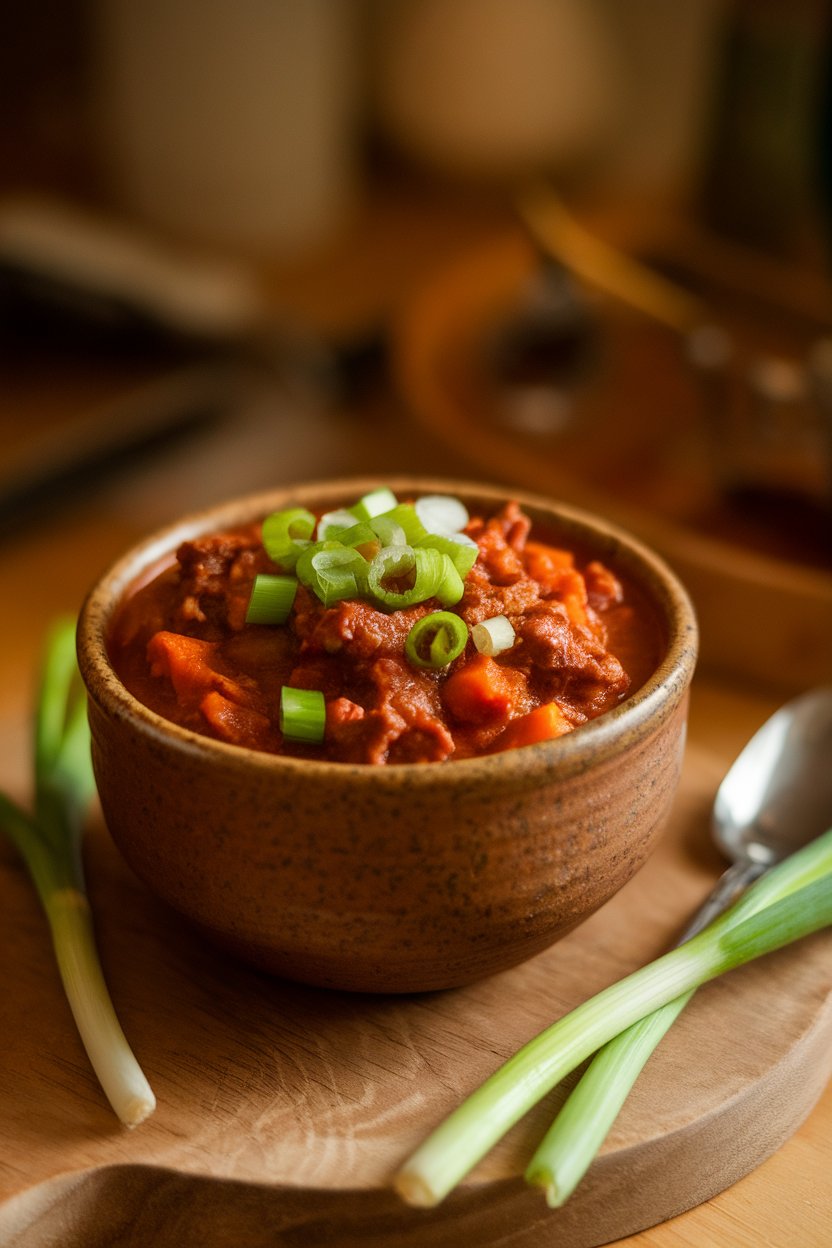 Warm indoor photo of a ceramic bowl filled with chunky beef and sweet potato chili, topped with green onion, no logos.