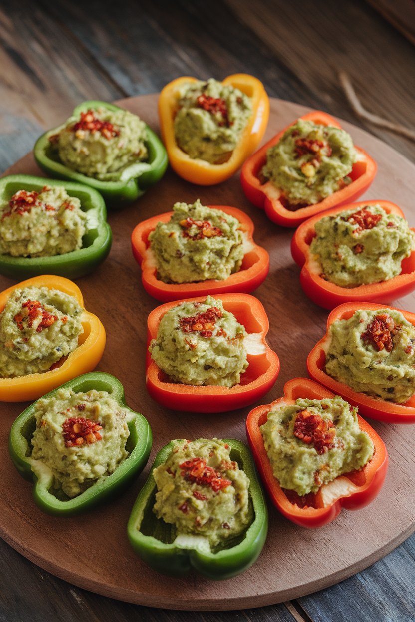 Photo of halved baby bell peppers filled with chunky guacamole, arranged in a football-shape pattern on a wooden board indoors. No text or logos.