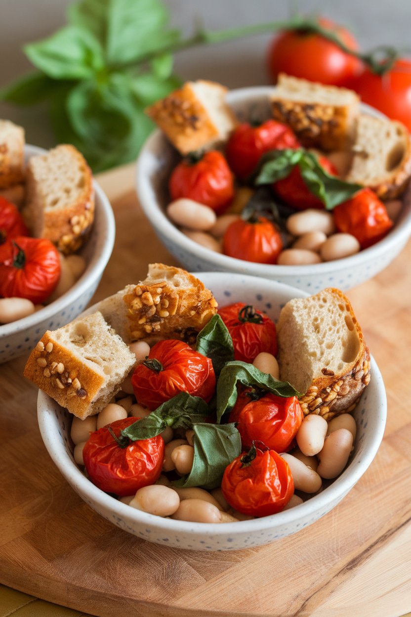 Indoor photo of shallow bowls with roasted cherry tomatoes, cannellini beans, torn basil, and toasted whole-grain bread cubes. No text or logos.