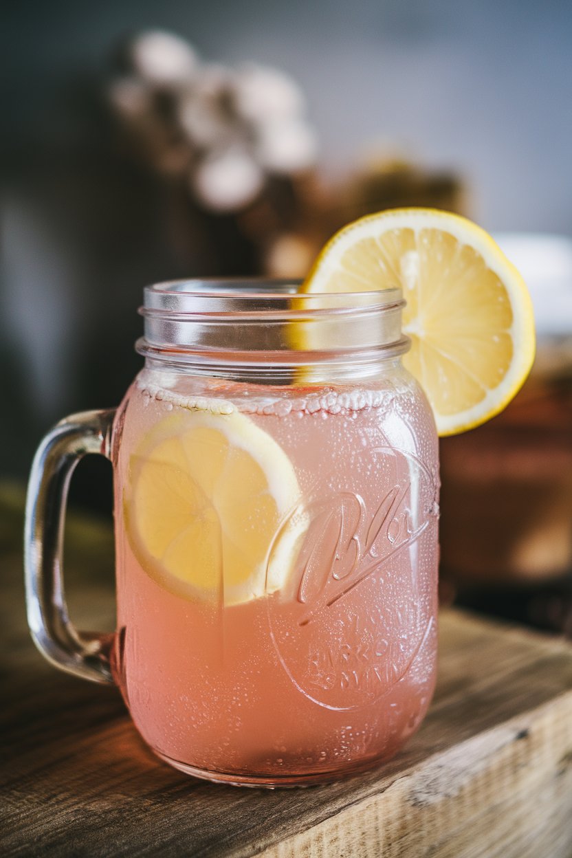 An indoor café table holding a clear mason jar of pale-pink raspberry lemonade with bubbles rising to the surface and a lemon wheel garnish. No visible text or logos. Photo only.