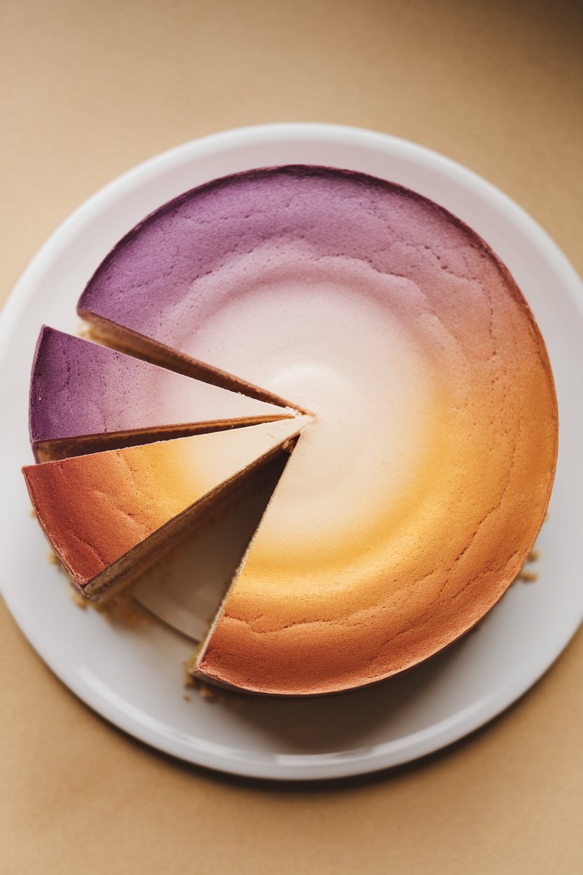 Photo indoors of a sliced cake showing subtle ombré gradients from purple to gold; smooth white exterior; no text or logos.