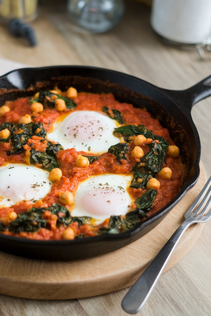 A cast-iron skillet indoors with poached eggs nestled in a chunky tomato sauce with spinach and chickpeas. No text or logos anywhere.