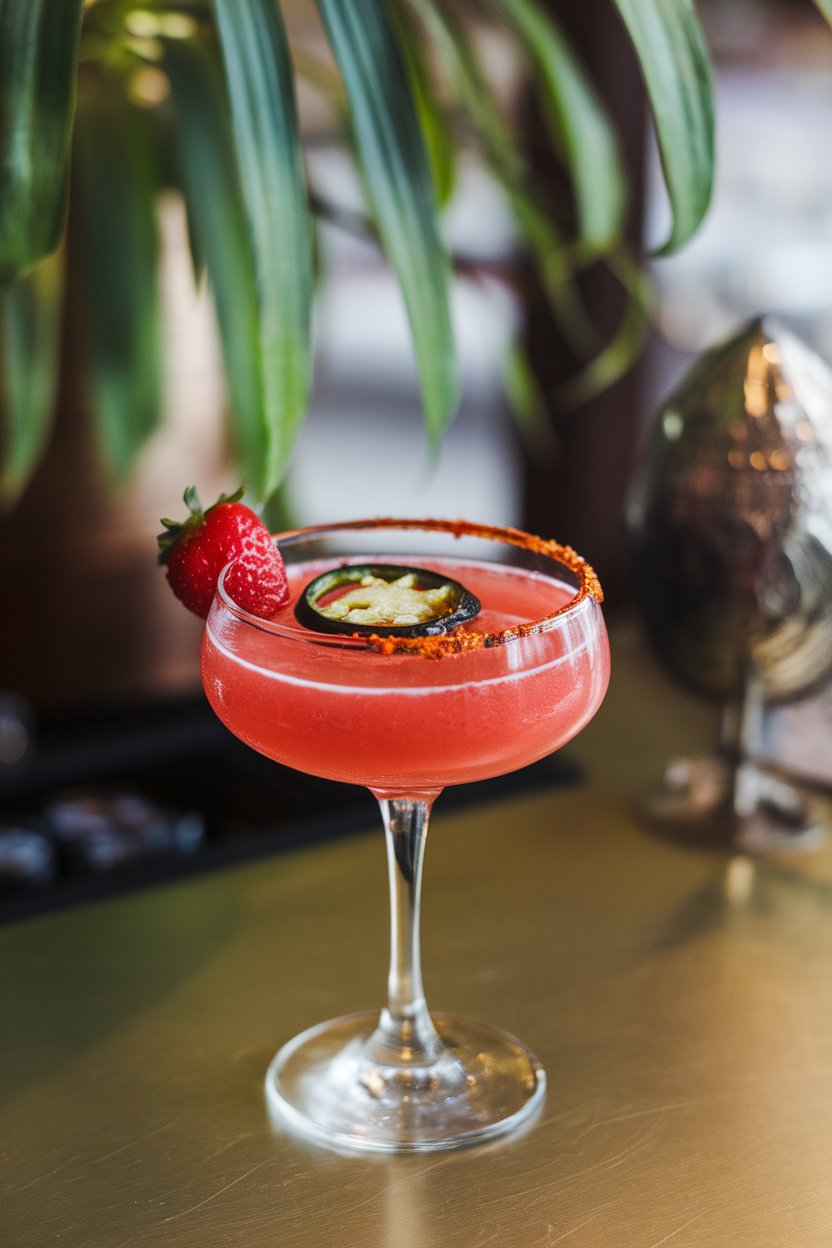 An indoor cantina bar with coupe glass of bright strawberry cocktail, chili-salt rim, charred jalapeño slice floating; photo, not illustration; no text or logos.