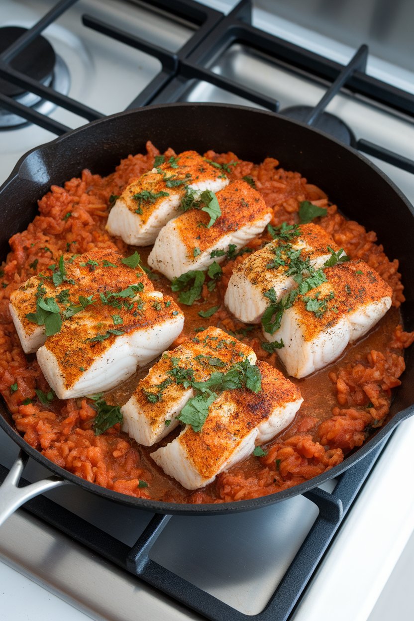 Indoor stovetop skillet of Cajun-spiced cod fillets with a side of tomato rice, garnished with chopped parsley. No text or logos anywhere.