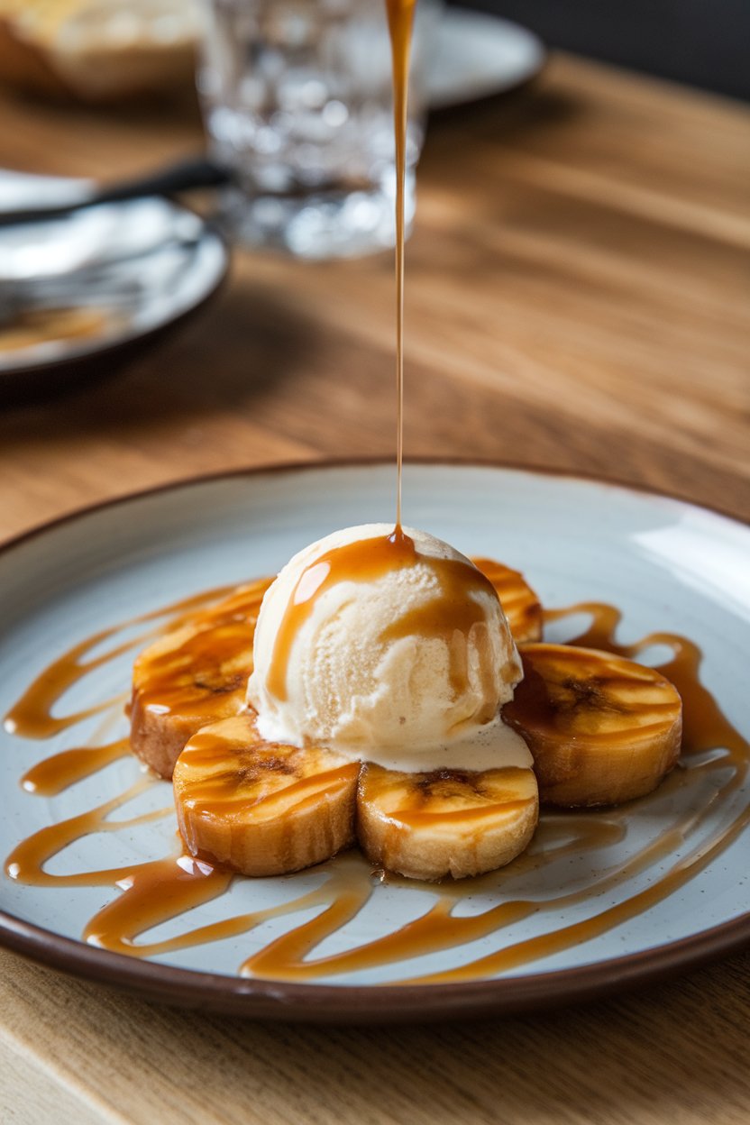 An indoor dessert plate showing caramelized banana halves topped with vanilla ice cream and rum sauce cascading down. Photo, no text or logos.