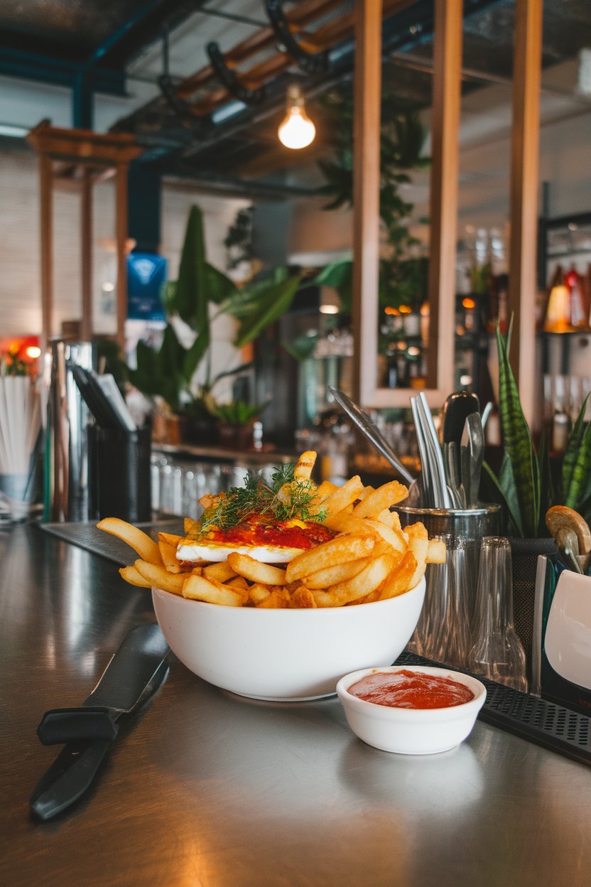 A white bowl on an indoor bar counter filled with golden halloumi fries, side of marinara dipping sauce; no branding visible.