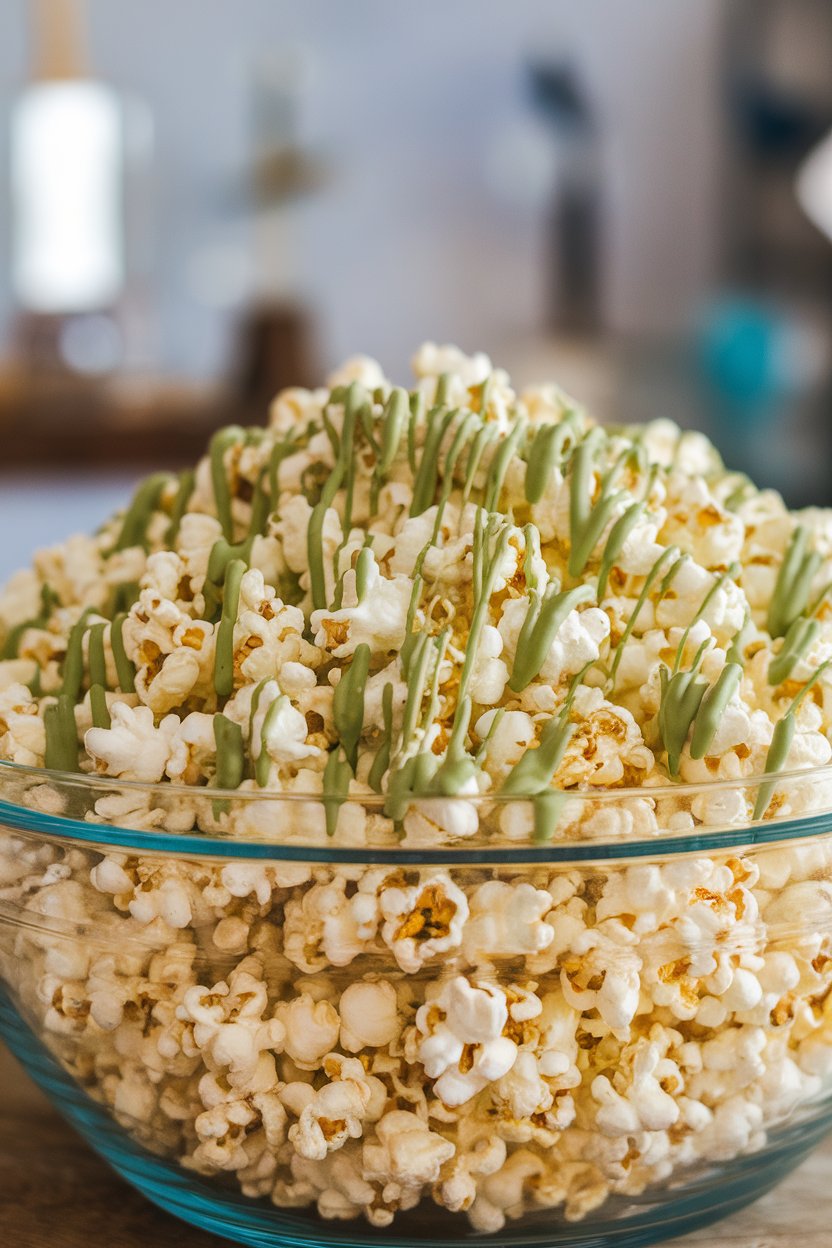 An indoor bowl overflowing with popcorn lightly coated in green matcha white chocolate drizzle, no text or logos. Photo only.