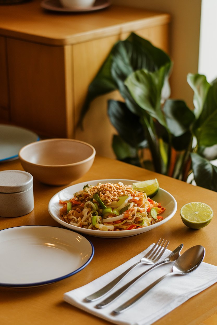 A warmly lit indoor table with a plate of vegetable pad Thai, lime wedges on the side, crushed peanuts sprinkled over noodles. No text or logos. Photo, not illustration.