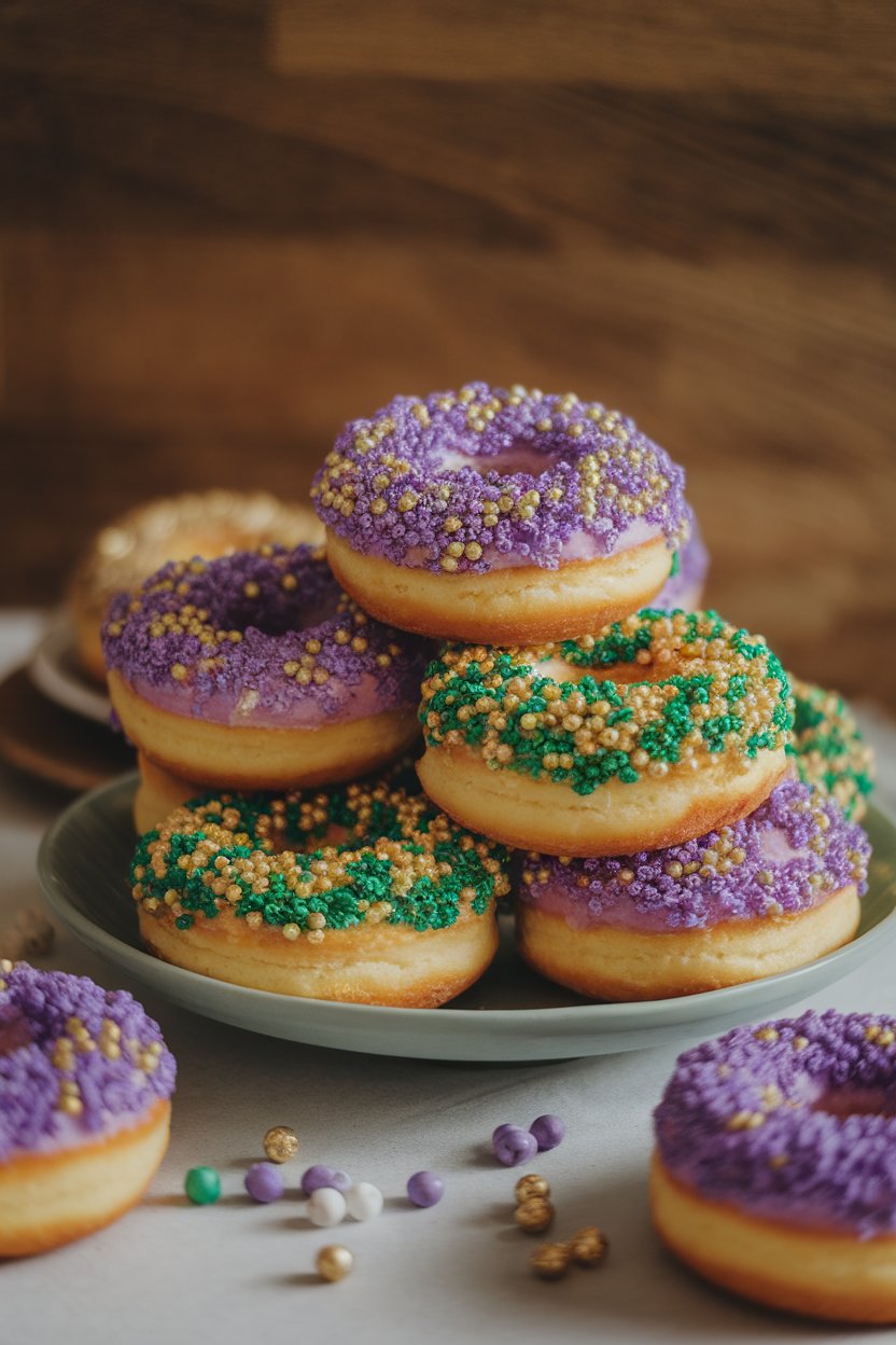 Indoor photo of a plate piled high with baked cake-style donuts coated in purple, green, and gold sugar, small plastic beads scattered nearby. No text or logos present.