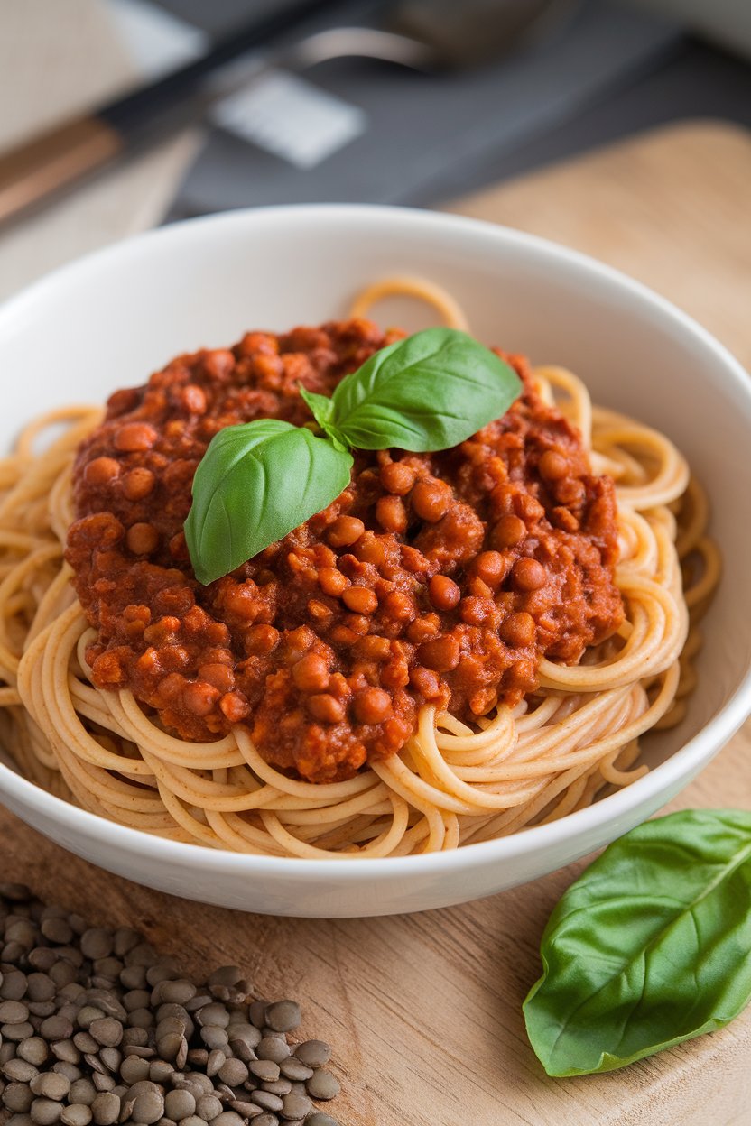 Photo indoors of a bowl containing whole-wheat spaghetti topped with rich lentil bolognese and basil, no text.