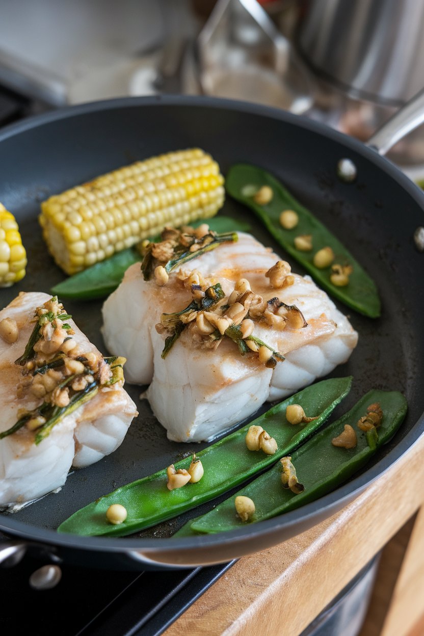 Indoor photo of cod fillets with ginger-soy glaze, roasted baby corn cobs, and snow peas on a pan; no text or logos