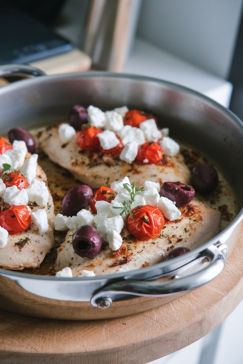 Indoor photo of a metal pan featuring roasted chicken breasts topped with crumbled feta, cherry tomatoes, and Kalamata olives, herbs sprinkled over. No logos or text.