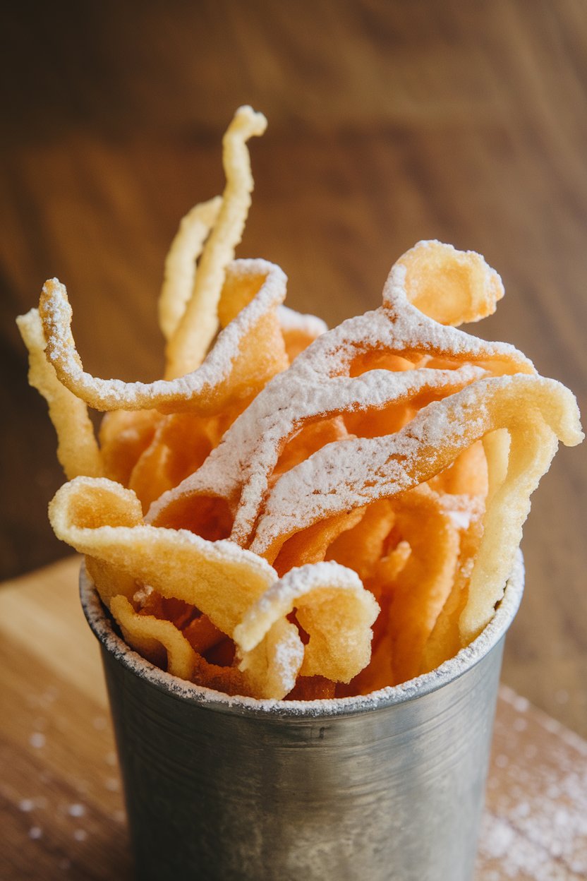 Indoor photo of thin funnel cake strips dusted with powdered sugar, served in a metal cup. No text or logos.
