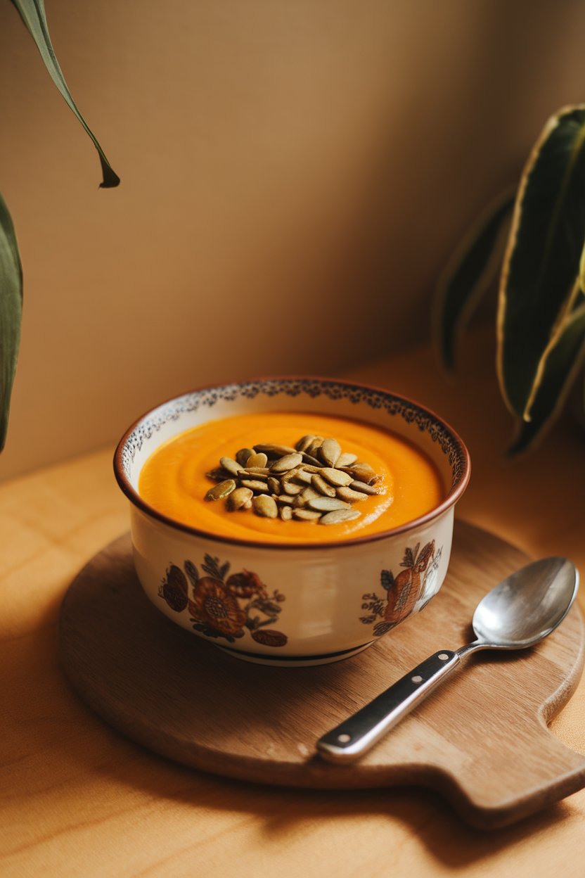 Warm indoor shot of a creamy orange soup in a porcelain bowl, topped with toasted pumpkin seeds. No text or logos present.