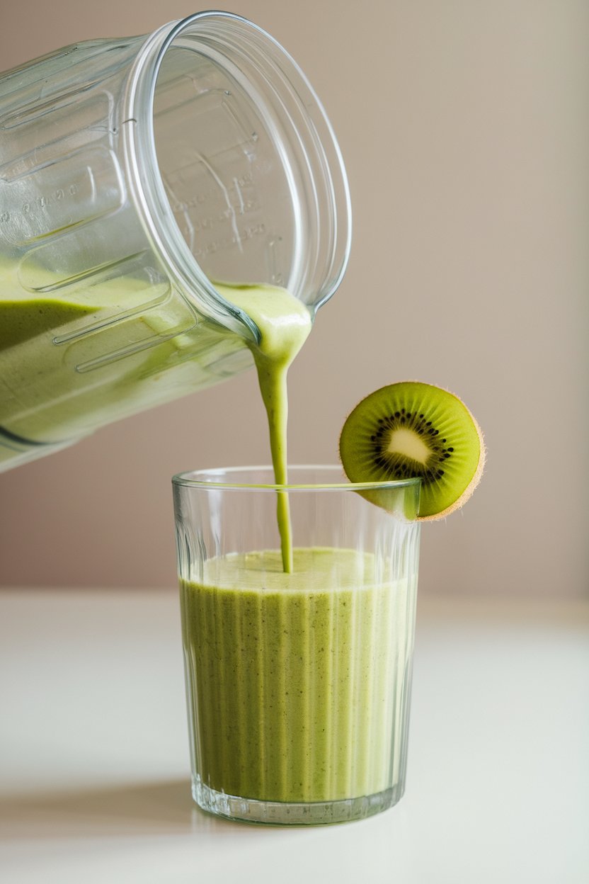Indoor blender jar pouring bright green smoothie into a glass, kiwi slice on rim, no text or logos.