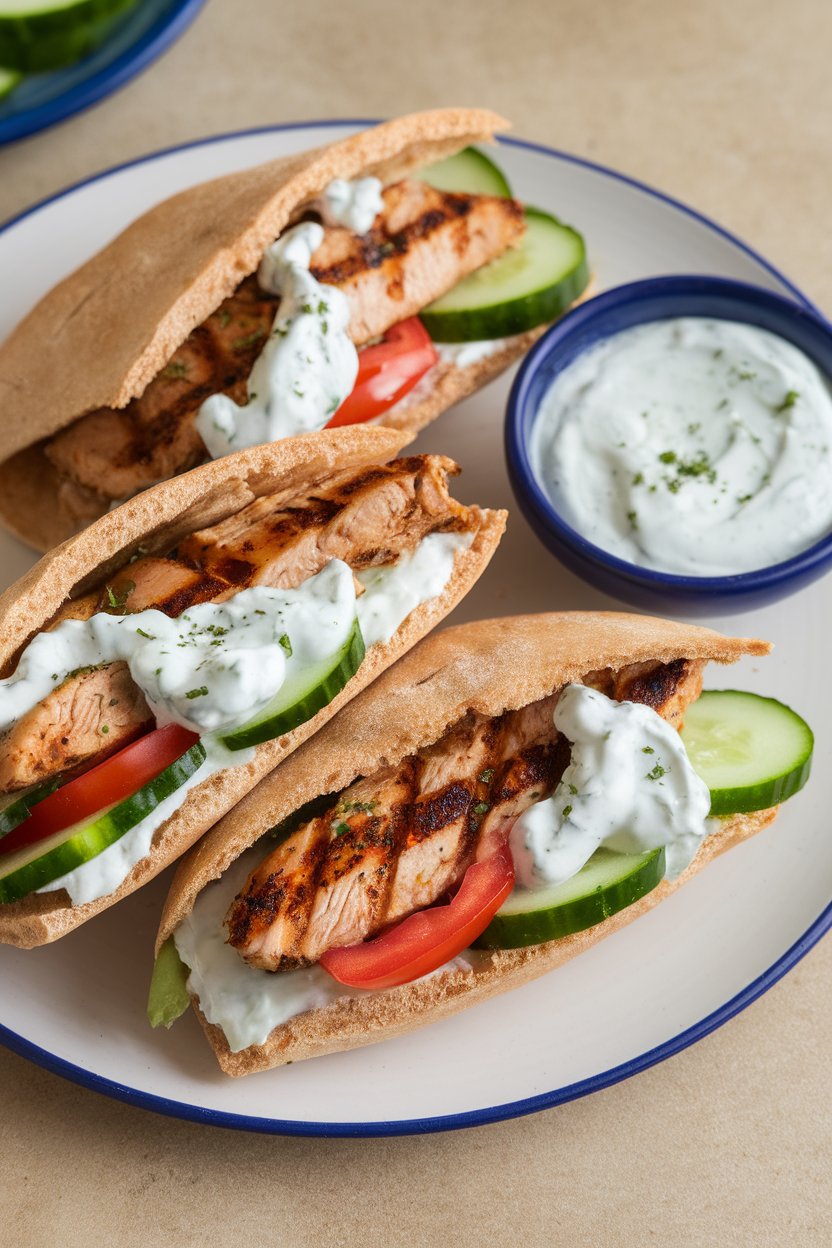 An indoor lunch plate with whole-wheat pita halves stuffed with grilled chicken, cucumber, tomato, and tzatziki; no text or logos. Photo only.